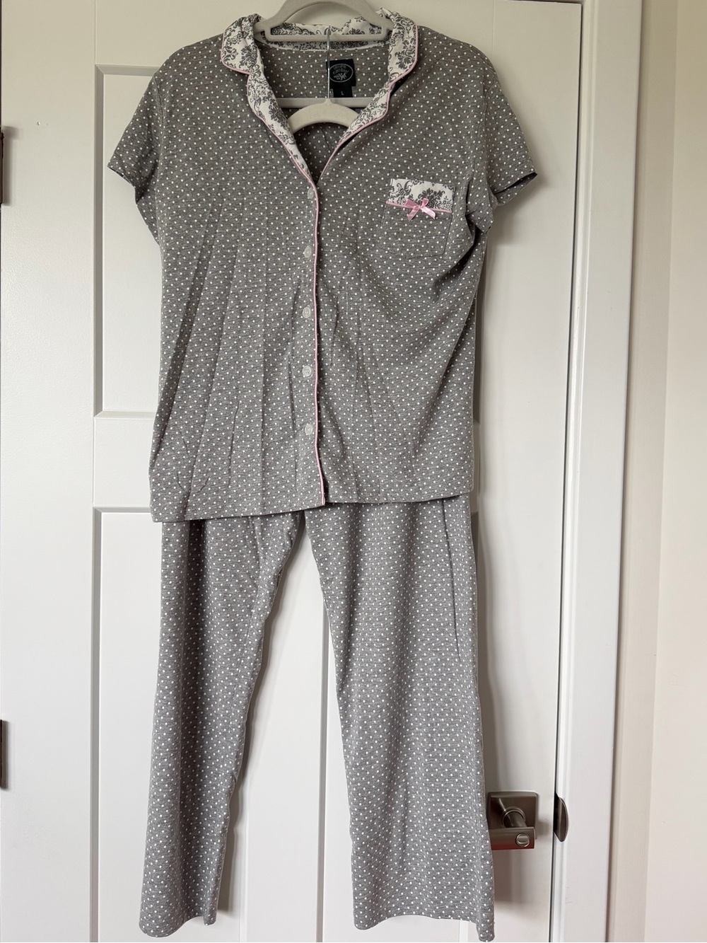 Laura Ashley Gray Polka Dot Pajama Set with Pink Trim